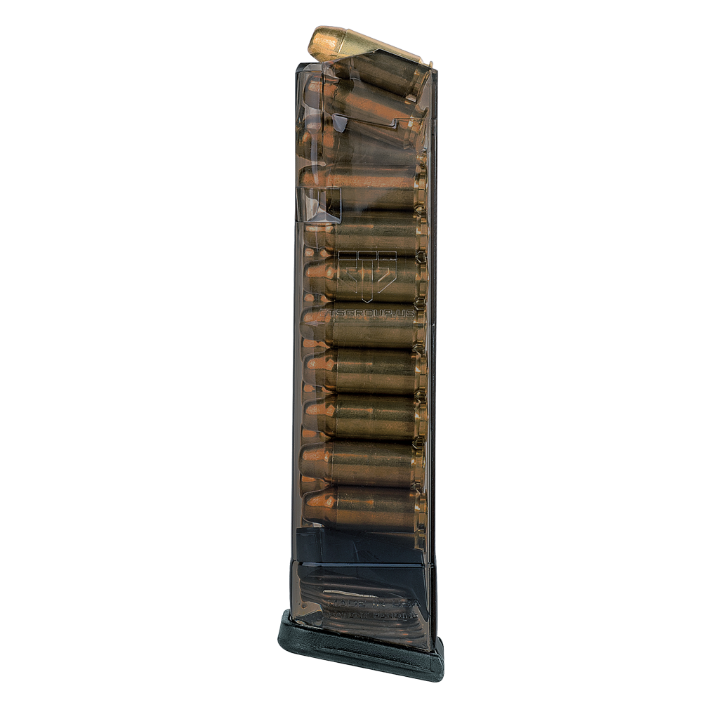 Elite Tactical Systems Carbon Smoke Mag for Glock 22 showcasing transparent design and durable polymer construction.